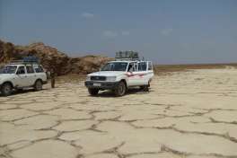 Tour vehicles in Danakil Depression, Ethiopia 