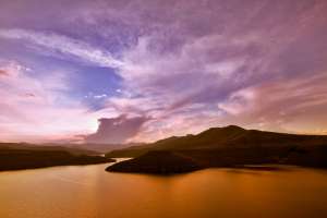 View over Katse dam at sunrise